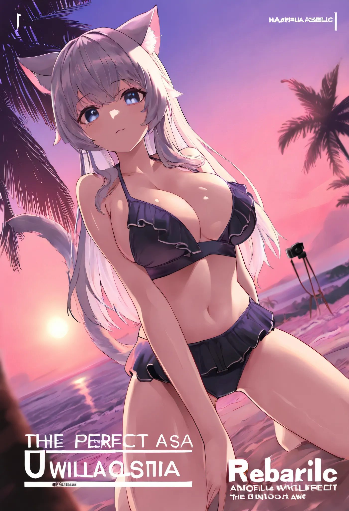 cover page, Hawaii's tourist magazine, highres, top quality, best quality, paid reward available, unparalleled masterpiece, perfect artwork, absurdres(angelic cute 1girl, cat girl)perfect anatomy, The best pose as a subject, seashore, Palm tree, Swim suit,...