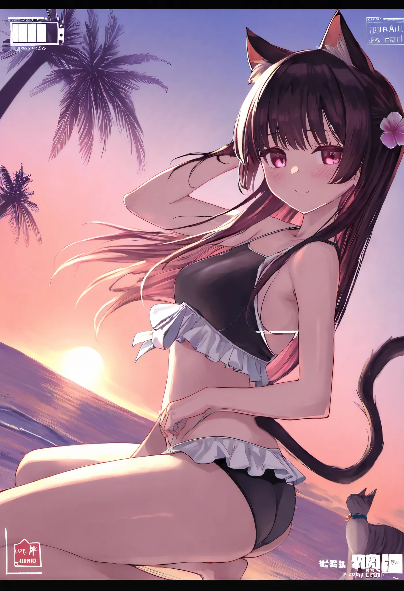 cover page, Hawaii's tourist magazine, highres, top quality, best quality, paid reward available, unparalleled masterpiece, perfect artwork, absurdres(angelic cute 1girl, cat girl)perfect anatomy, The best pose as a subject, seashore, Palm tree, Swim suit,...