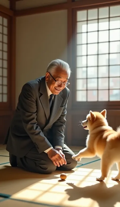 A distinguished Japanese professor in his early 60s, with neatly combed hair, a well-groomed mustache, and round glasses, dressed in a formal gray suit but now slightly more relaxed, kneels on a tatami mat inside a traditional Japanese home, playfully inte...