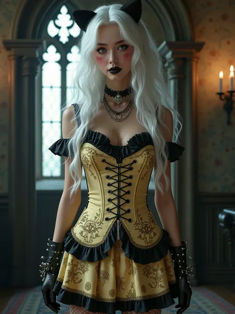  A gothic punk goth girl, Full body shot, perfect face, beautiful Asian woman with long White hair in White curls and coils, very cute and beautiful girl, (highly detailed beautiful face), high detailed fingers, (Pale Yellow Tartan Gothic Maid dress and co...