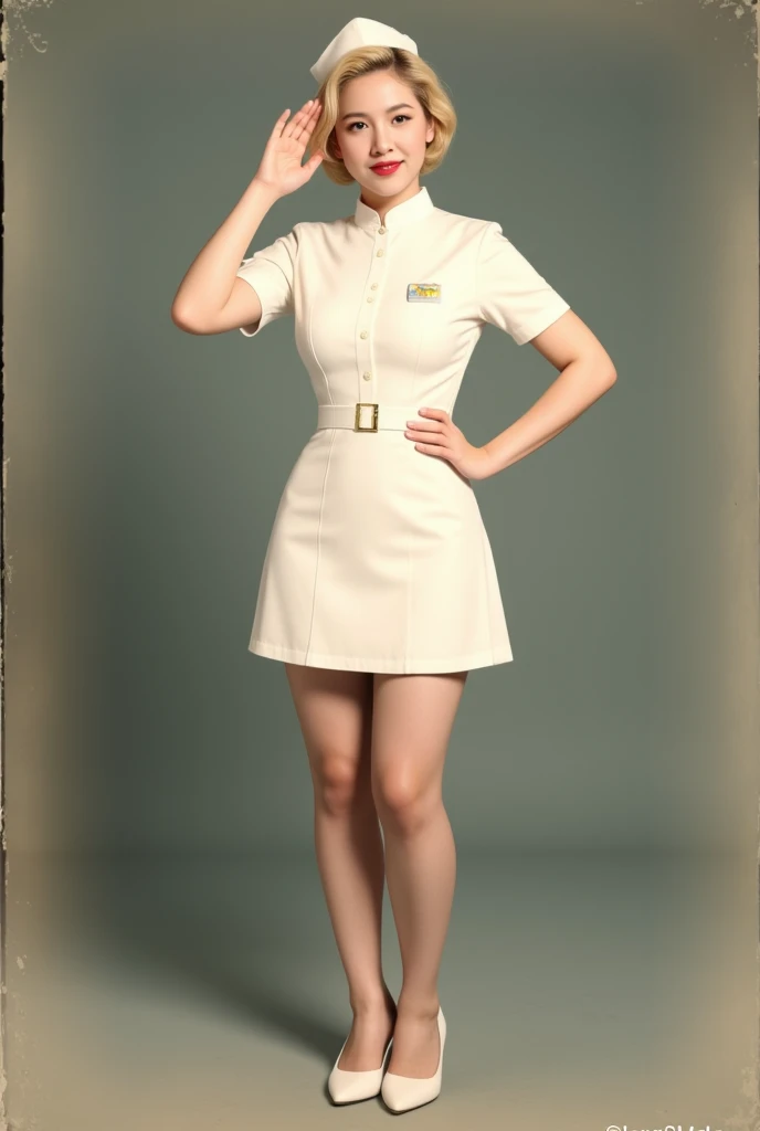 (vintage photograph), 1940s (style), faded colors, best quality, cute military nurse, young, plump, petite, bashful, blush, expressive eyes, perfect face, shy grin, red lips, short hair, blonde hair, curly hair, white cap, white uniform tunic, microdress, ...