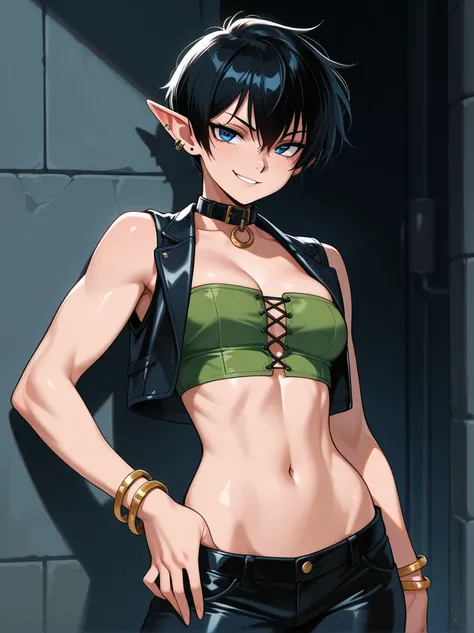 Beautiful elf tomboy girl, lean but muscled, short black hair, pixie cut, collar, bracelets, boyish hair, tomboy girl, slim, curvy hips, tall, skinny but muscled, piercing blue eyes, fair skin, fair features, sexy pants, closed vest, muscled abdomen, strap...