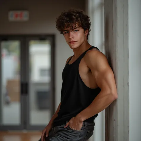 A twenty years old man, with dark brown, curly hair and with dark brown eyes. He is a hip hop dancer. He's leaning against the wall of the dance gym, dressed in baggy jeans and a black tank top, his body toned and muscular. A smug smirk on his lips.