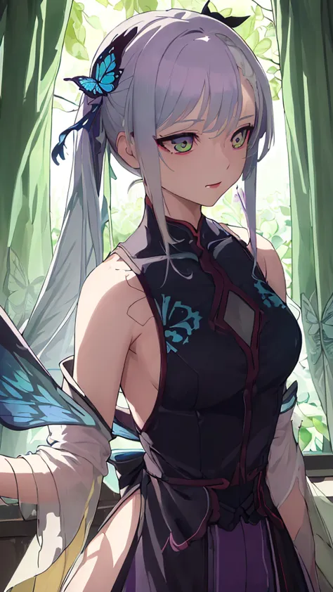 ((masterpiece)), (((best quality))), ((extremely detailed)), colorful, hdr, 1girl, solo, upper body, grey hair,green eye, luotianyi (xiachong),xiachong, black and purple dress, (blue butterfly), white butterfly wings