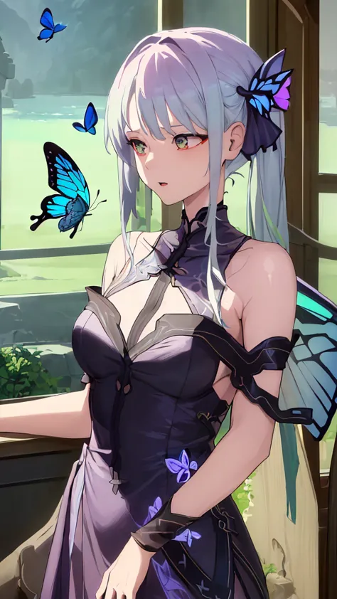 ((masterpiece)), (((best quality))), ((extremely detailed)), colorful, hdr, 1girl, solo, upper body, grey hair,green eye, luotianyi (xiachong),xiachong, black and purple dress, (blue butterfly), white butterfly wings