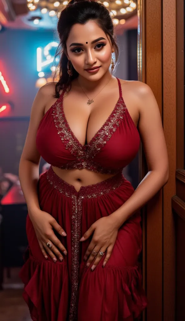 In club private room with disco lights a tall sexy white skin woman, tall woman with fat thick curvy mom body physique, woman with a small black dot bindhi and red sindoor, tall woman with black ponytail hair, woman wearing belly dancer heram outfit(very b...