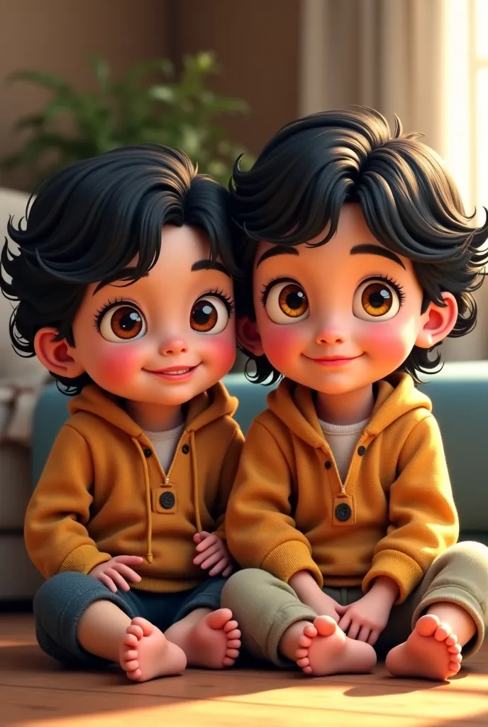 A three-year-old boy with wavy black hair and yellow eyes and next to him a three-year-old girl with wavy black hair and red eyes, in the background of a room, "realistic image quality"