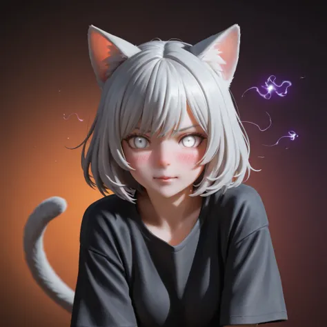 a beautiful girl with gray hair, white eyes, cat ears, white cat tail, wearing a black shirt, blushing, 8K, hyper detailed, photorealistic, cinematic lighting, dramatic shadows, intricate details, fantasy character, digital art, concept art style, highly d...