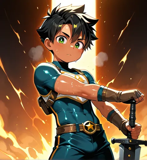 boy, small, shota, sweaty, tanned skin, short hair, voluptuous, athletic physique, shota hero, with his sword, RPG hero outfit, fantasy genre, battle pose