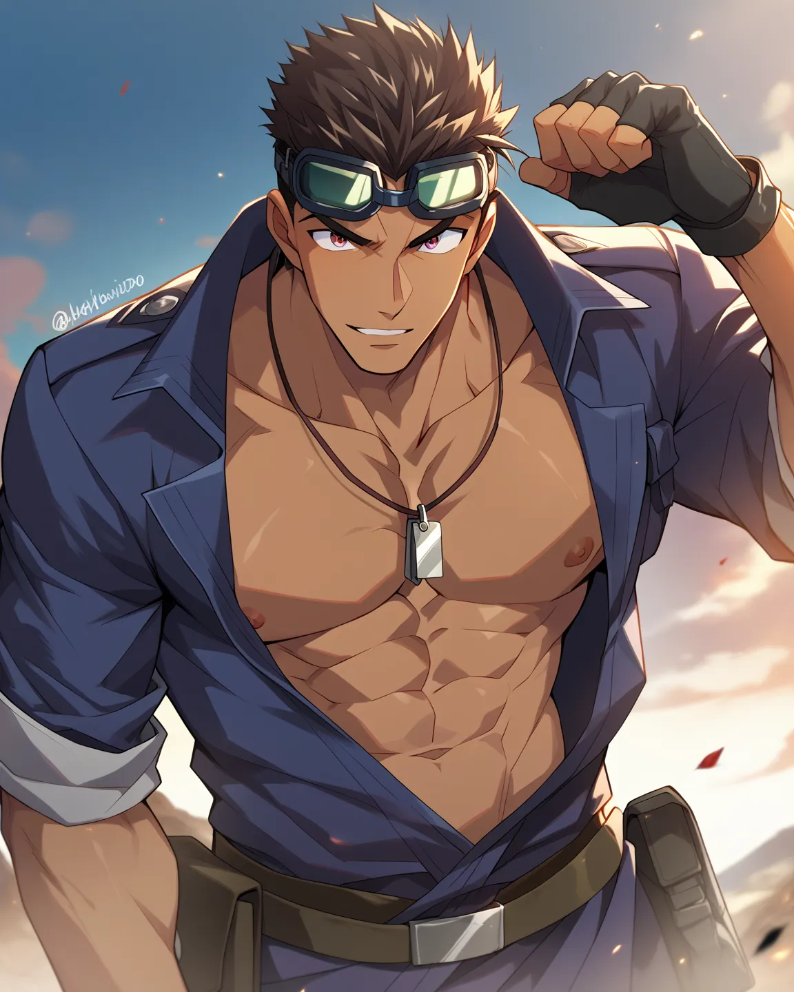 masterpiece,nsfw,very short cut,((dark tan skin:1.5)),crew cut,,gunner,fort,we have.wild face,High exposure,goggles on head,anime,Broad shoulders、 abs,beautiful erect nipples,resting