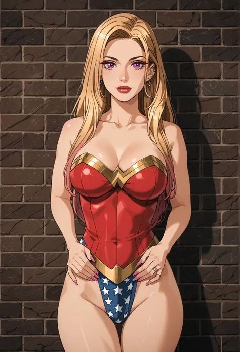 (score_9, score_8_up), score_7_up, photo, front view, , smilling, KitagawaMarin, solo, multicolored hair, blonde hair, long hair, magenta eyes, ear piercing, earrings, pink nails, makeup, KitagawaMarin with Wonder Woman costume)). 1girl, lipstick, makeup, ...