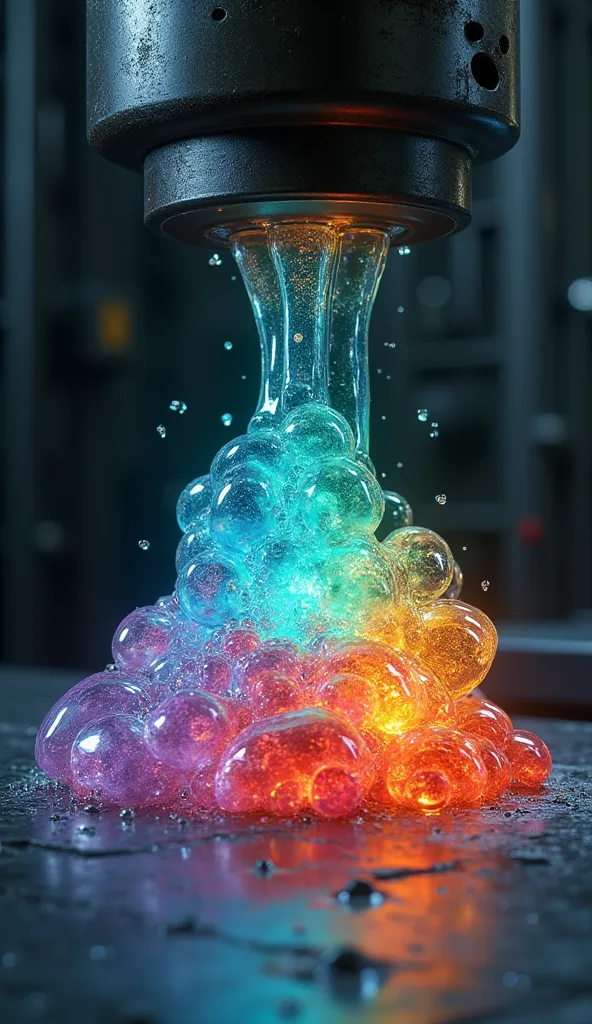 (Ultra realistic), A blob of colorful, living slime under a hydraulic press