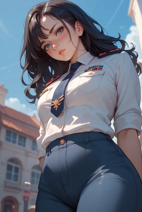 A blushing girl with long black hair in uniform with her clothes off and showing her legs。
Since it's from an oblique front and bottom angle, the pants are slightly visible