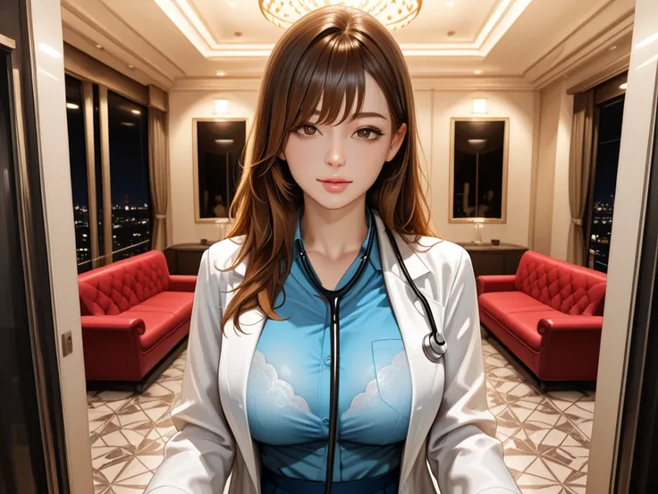 masterpiece, 8k, very detailed, high quality, Female doctor、hotel、night、 beauty、big breasts、bra、Pie-picking、