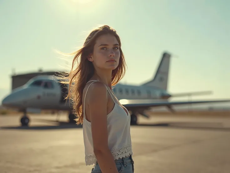 A girl posing looking to the side, at an outdoor photo shoot, at an airfield against the background of a plane standing near a hangar, remote