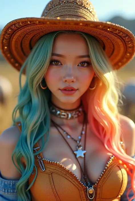 Create a kpop idol with her colorful wavy hair and a country-style outfit and a hat full of glitter 