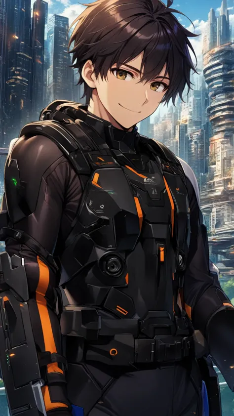 1Man，alone，  male focus  ，dark hair，  Tall Fit  ， Finger Gloves  ，Black Armored Robot Driving Suit，brown eyes，Upper body，Smile，Future city background 
