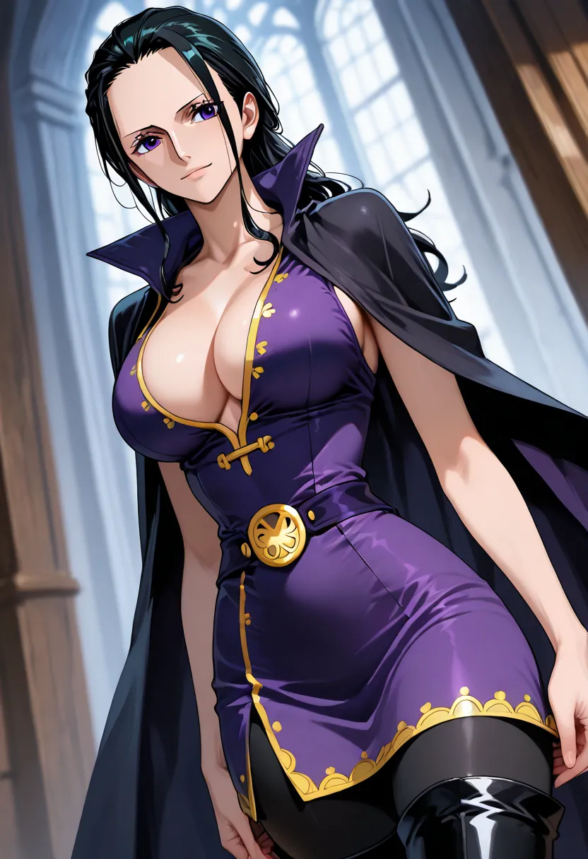 1 girl, ONLY one character, nico robin,purple eyes, long hair, black hair, in a castle, solo, RPG style, black pants, black tight pants, black boots, black thigh boots, dark purple tunic, black cape, outfits with gold trim, slim woman, really beautiful, do...