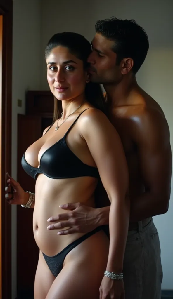 tall hot healthy slim white skin simple south indian white skin slim skinny curvy old mature milf kareena with smile, very big saggy breast with sharp pointy nipple, big hip, big ass, thick thighs, woman wearing bullet bra(big sagging breast) and thong, in...