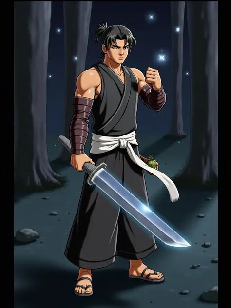 anime style,Tall and athletic man , brown skin,Chilling hair tied,Wide Face,Yukata black and white,brown samurai armbands and shoulder pads,A gourd around the waist,a colossal sword in the hand.