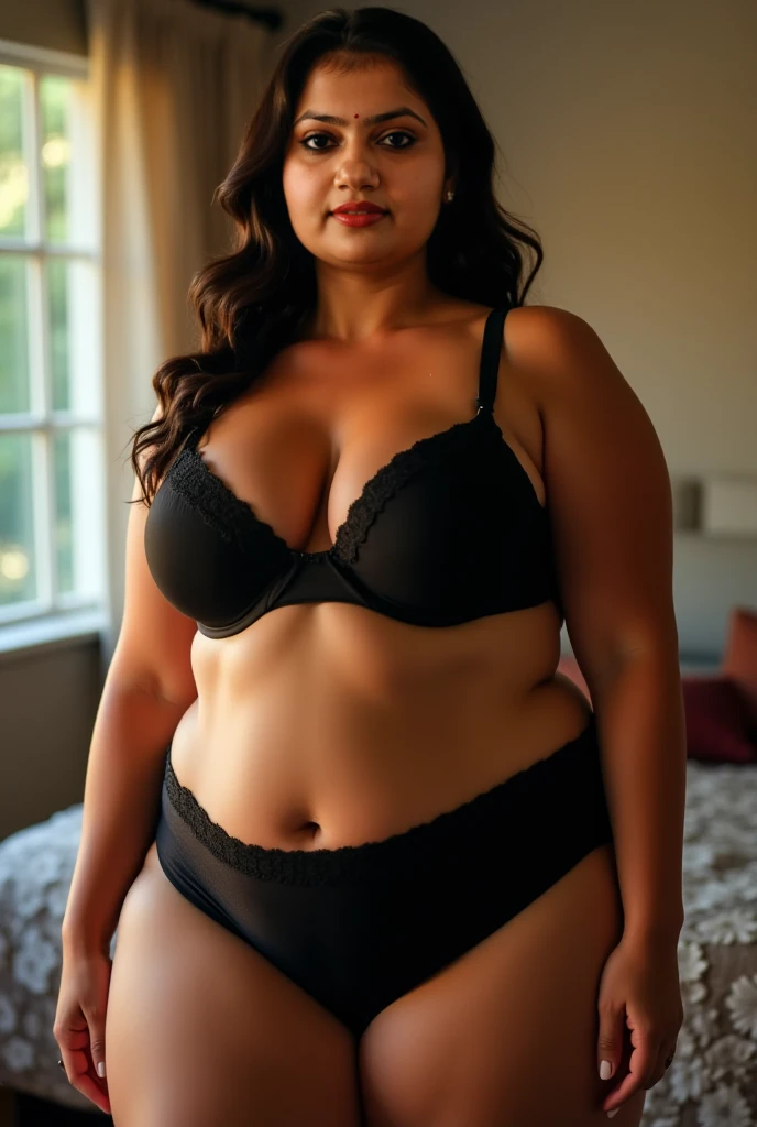 25 year old chubby sexy figure realistic girl wearing dark Black bra and panty with showing her full body with huge breast in bedroom photoshoot on daylight 