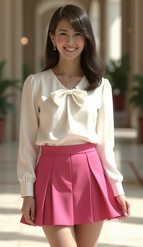 Japanese mature woman, (48 years old), happy smile, ( white skin:1.4), (detailed faces:1.3), (detailed skin texture:1.3), (red lipstick:1.3), (semi-long hair:1.4), (earrings:1.3), ( standing in the lobby:1.3), ((full body:1.9)), (from below:1.6), ( Large B...