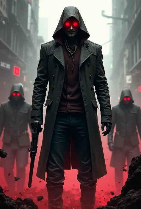 Create Alex Mercer character art from prototype.The character must stand full-length in an unbuttoned jacket and a raised collar, and in the hood, the eyes should glow red and one hand is mutated into a biological blade and in the other hand he must hold a...