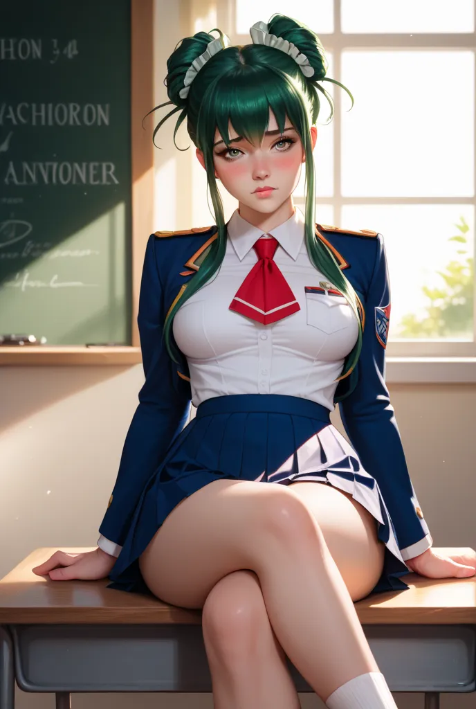 A blushing girl in a miniskirt with long black hair in a school uniform showing off her legs。