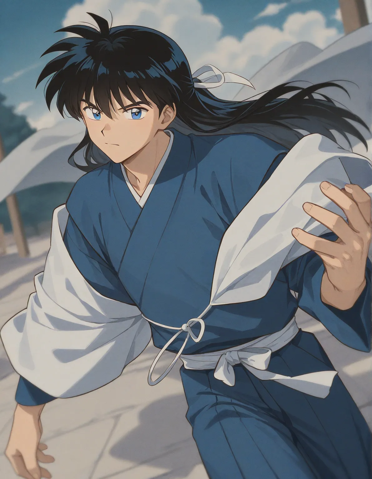 Just one little 14 boy that is a student. He has short black hair and blue eyes wearing a blue uniform. He has a beautiful gaze. Kind. Gentleman. A minor. Inuyasha anime character art style. High quality. 