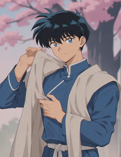 Just one little 14 boy that is a student. He has short black hair and blue eyes wearing a blue uniform. He has a beautiful gaze. Kind. Gentleman. A minor. Inuyasha anime character art style. High quality. 