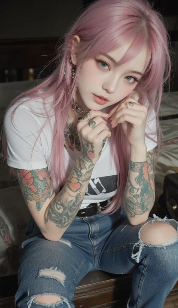 ((sexy portrait, (from above, Dynamic shot), Bold and seductive pose), a beautiful pink hair woman, Long hair, tattooed body, tattooed hands, tattooed neck, Alone, colorful sweet sigh, Melancholic weakness, Passionate dating, (wearing a T-shirt, ripped jea...