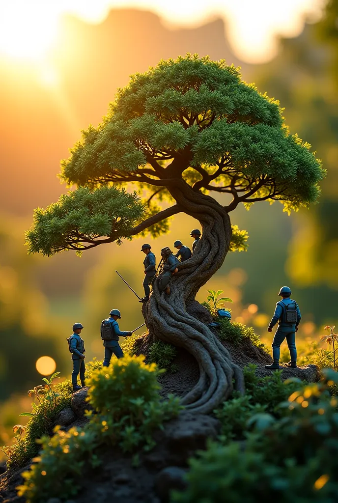 A tiny futuristic city carefully grown atop a giant bonsai tree, with tiny gardeners trimming branches and maintaining energy conduits that power the mini-metropolis. Sunset light filters through the leaves, casting golden patterns. Ultra HD, macro shot, c...