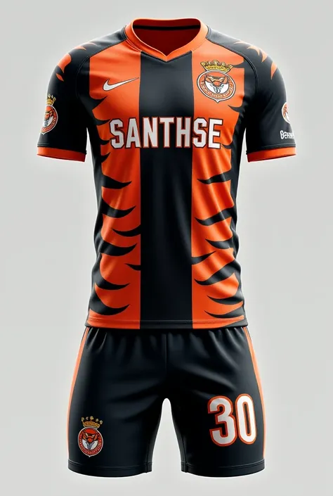 Create a soccer uniform that has the name SANTHSE in the center of the shirt and below the name of COMFAMA on the sides put some tiger claws, I want the uniform to be inspired by a tiger in the shorts put a crown