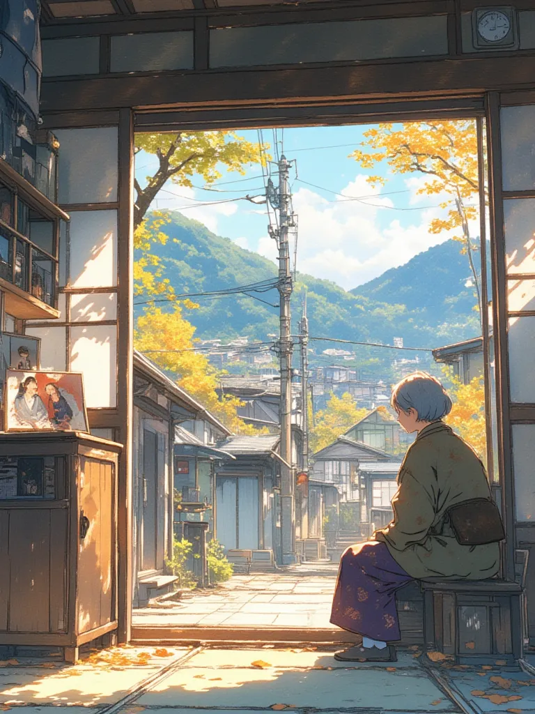 A watercolor anime style painting of an old lady sitting at the sliding door of an old traditional Japanese house, looking towards the outside of her house. Inside the house, there is an old picture of a young japanese couple on the cabinet. Outside the ho...