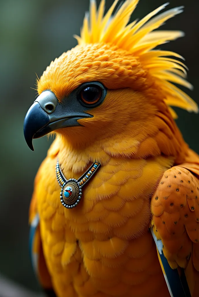 Fantasy Style Portrait. Close-up of a Golden Falcon, mystical like a headdress on your head, the headdress's feathers are transformed into a feather cloak that covers its body, In its plumages and necklaces, It must contain sacred scriptures from indigenou...