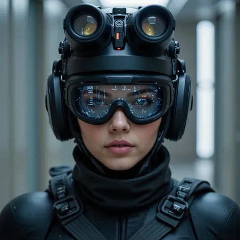 Masterpiece sci-fi photo, photorealistic portrait of a woman standing, ((wearing futuristic tactical goggles)) ((tactical data is displayed on the goggles)), (tactical bodysuit), (tactical Helmet with night vision scope), (tactical headset), (a face with a...