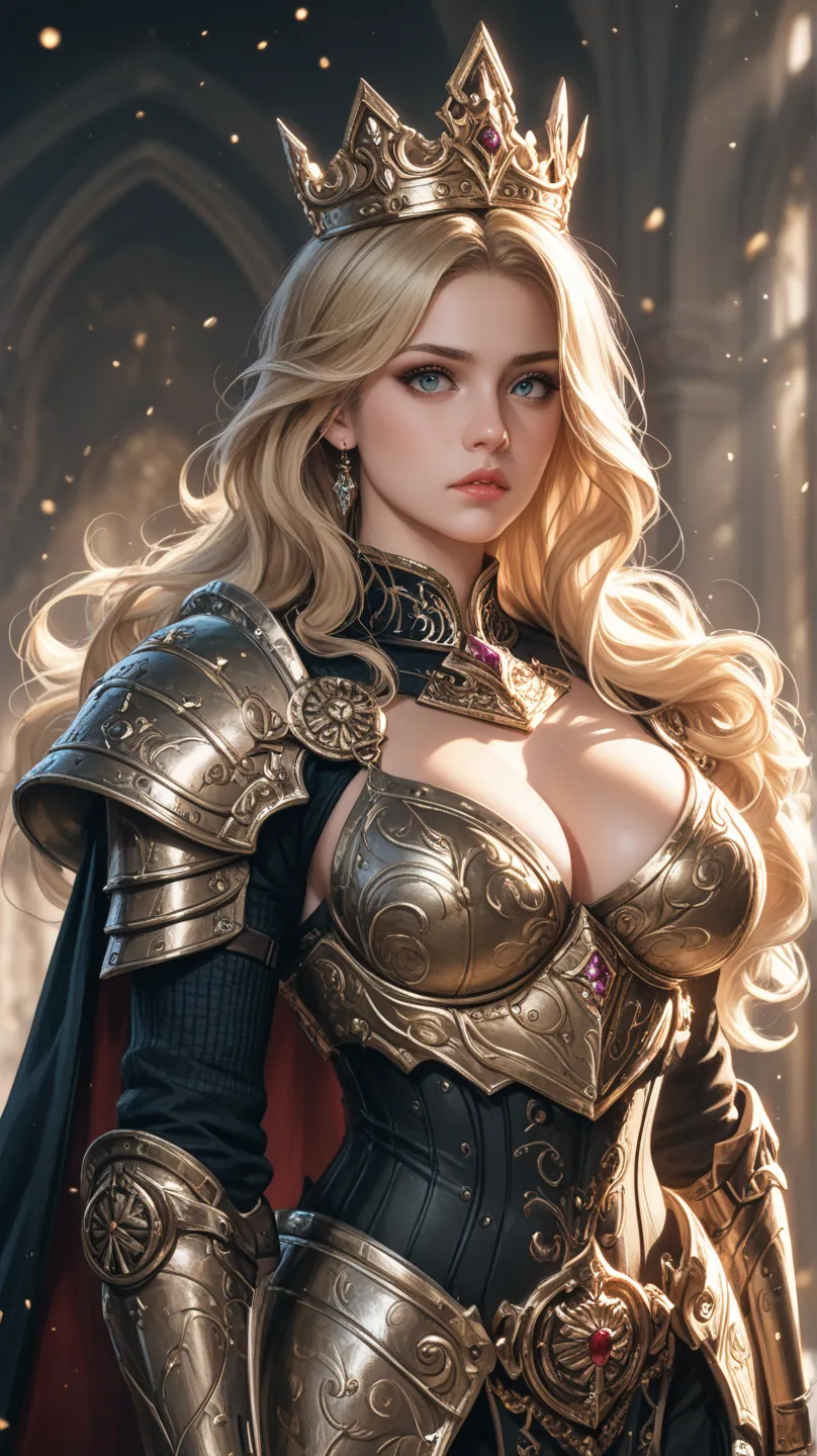  une belle reine guerrière sexy blonde maquillée en armure noire avec une couronne de gros seins et une cape, , le visage anxieux se mordillant le pouce, sur un champs de bataille 