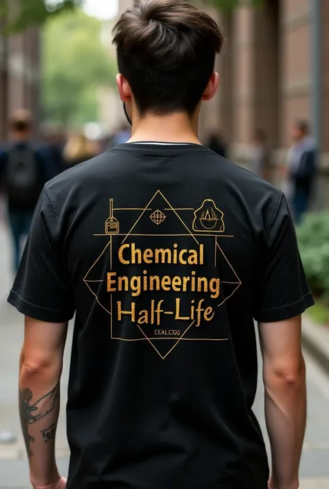 Black t shirt of chemical engineering half life in university with golden writing an
d suitable writing