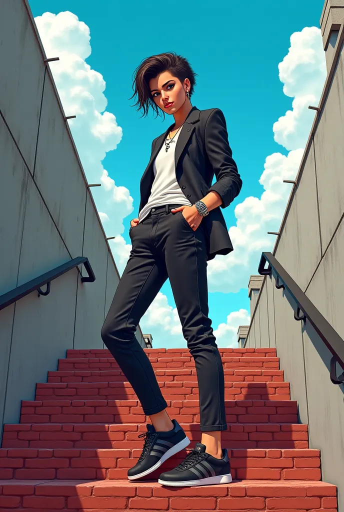 Bridget tanned femboy in stylish gangster clothes black Adidas sneakers with a spiked bracelet in a favela in Brazil on a brick staircase gray blocks blue sky with clouds 