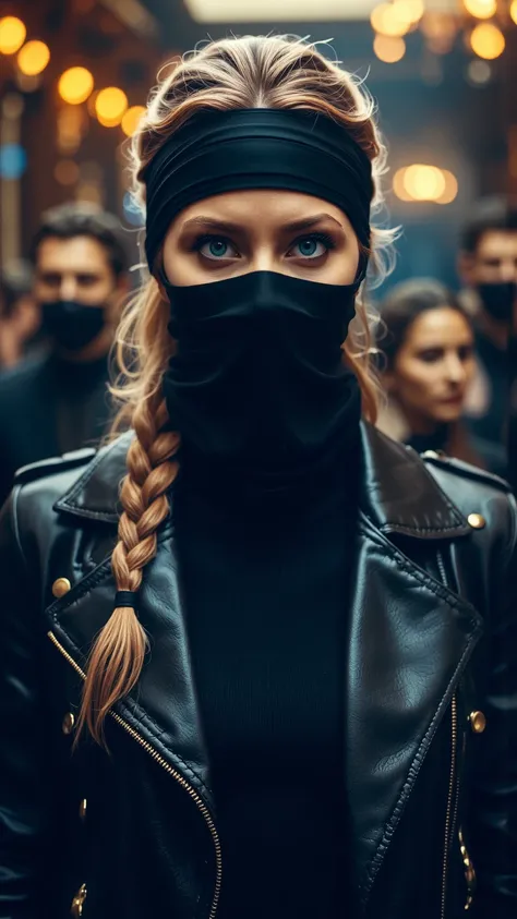 Her piercing blue eyes, framed by well-defined brows, contrast strikingly against the black fabric of her face covering—a sleek, silky bandana covering her lower face, adding a sense of mystery.
realistic, photorealistic, photo-realistic:1.37, (best qualit...