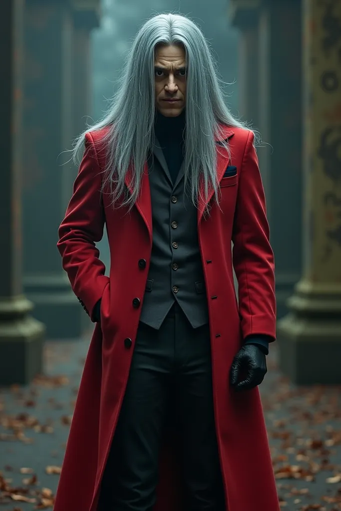 An amazing wizard, with even hair on both sides, except that on the left side he has a longer lock, wearing a wizard costume and his greyish blue hair, half of his face is covered by a comedy mask, an adult ager in a long suit and boots, the costume is red...