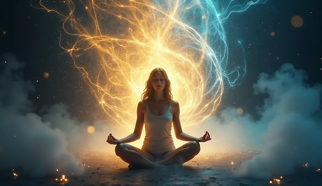 An energy field surrounding a meditative person. Gold and blue rays swirl around her, while dark shadows in the background attempt to approach, symbolizing the need for spiritual protection