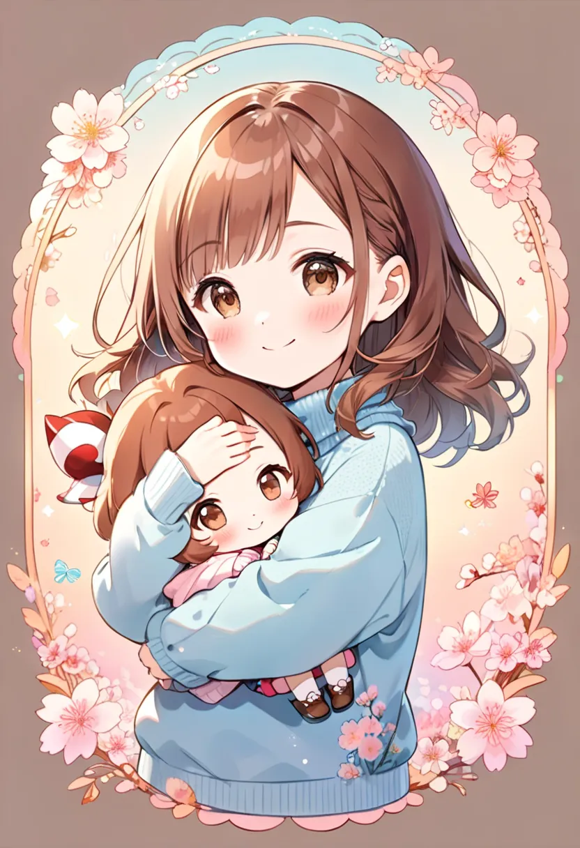 Chibi-Style, dreamy anime-style illustration, maintains a 3:1 head-to-body ratio, (adorable and cheerful chibi girl:1.3), (soft wavy chestnut brown hair with gentle highlights:1.3), (side-swept bangs framing the face:1.3), (large expressive brown eyes with...