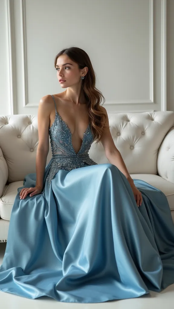 High quality, high definition photo of a very beautiful slender young pretty woman in a blue dress sitting on a white couch, wearing an evening gown, dressed beautiful gown, sexy gown, wearing an elegant dress, wearing a magnificent dress, stunning elegant...