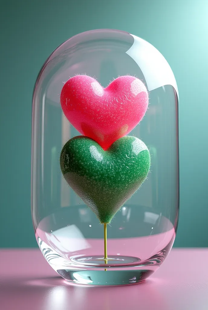 Image of a pink heart, a green heart and a white heart set together in glass. 