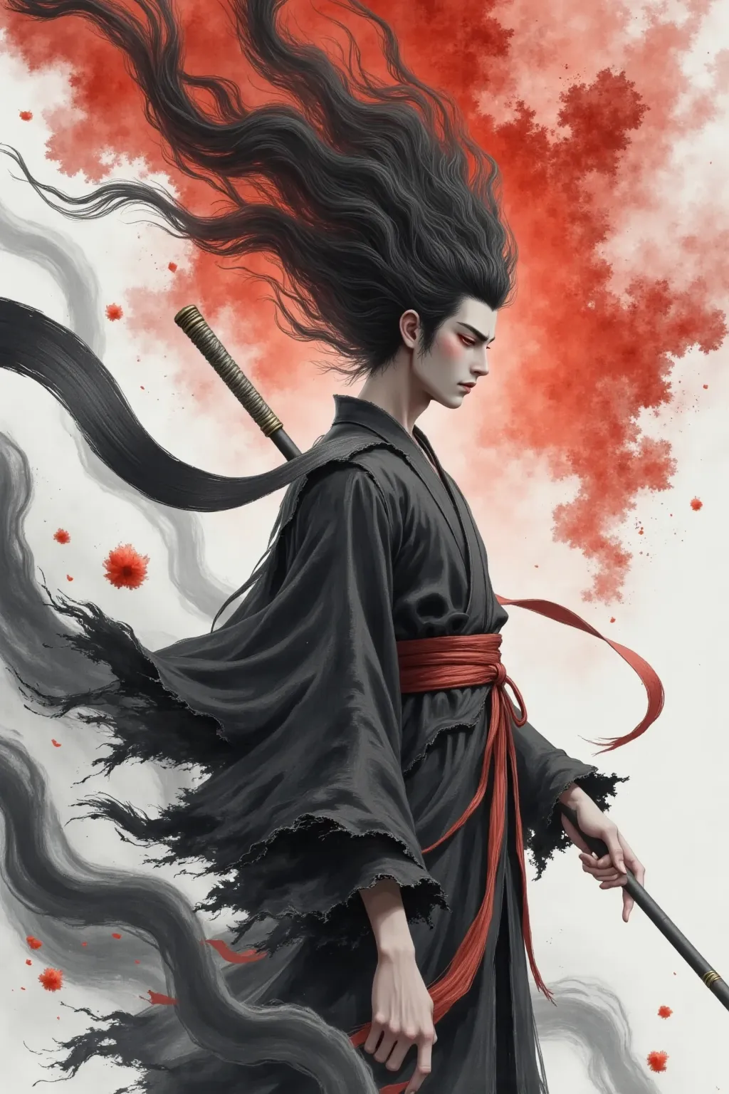 high quality, super realistic,4K,8k,Masterpiece,Extreme Details,Realism,Professional Photography,Chinese martial arts， Double arm， Black Feather Wings ，Chinese Ink Painting,huge flowing flowing long hair, Handsome Male ,Broken Robe,Dynamic action ,Mysterio...