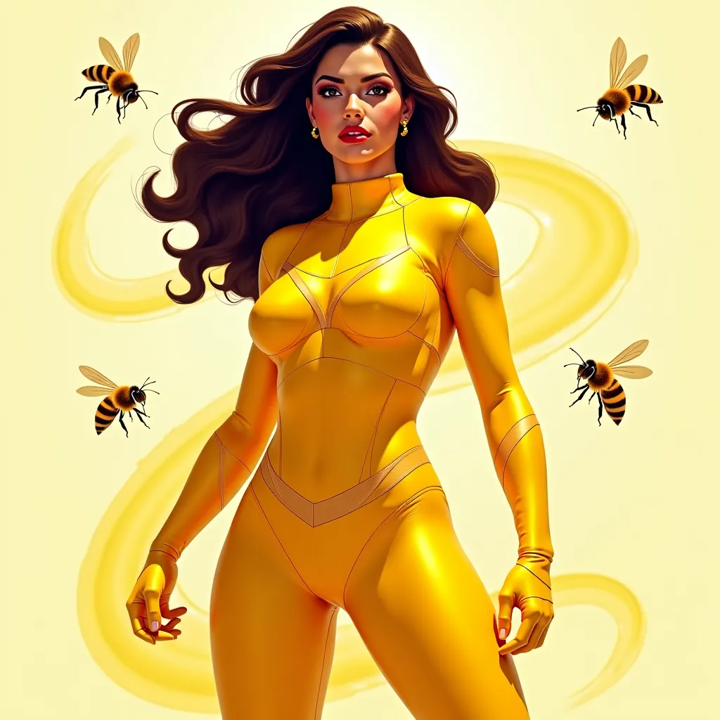 Beautiful a curvy Latin brunette woman in a yellow superhero outfit There are bees in her turn