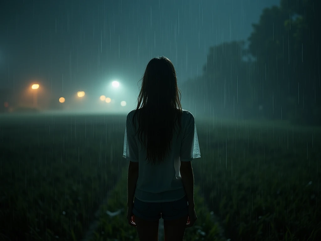 A full-body view of a young woman standing alone in the middle of an open field at night, surrounded by pouring rain. Her long hair and clothes are soaked, glistening under the soft glow of distant streetlights or faint moonlight breaking through the cloud...