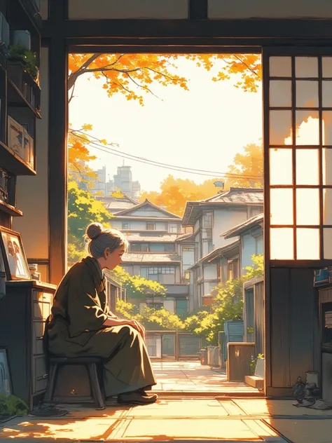 A watercolor anime style painting of an old lady sitting at the sliding door of an old traditional Japanese house, looking towards the outside of her house. Inside the house, there is an old picture of a young japanese couple on the cabinet. Outside the ho...