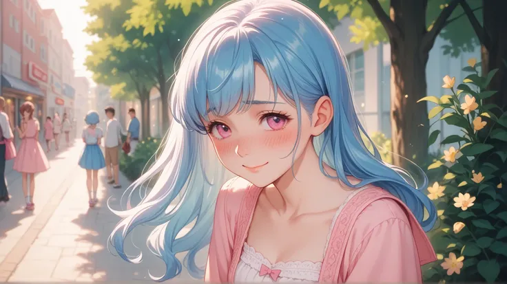 A shy anime style young girl blushing deeply with a slightly embarrassed expression , blue hair, slightly big eyes pink eyes anxious expression smile 